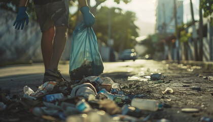 A volunteer with a garbage bag cleans up a heavily littered street, taking action against urban pollution in the morning light.
