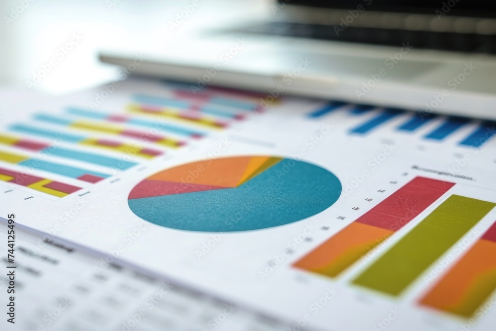 Poster a detailed close-up view of a paper displaying a pie chart, detailed view of a financial report with