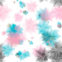 Grey, aquamarine blue, pastel pink and light beige transparent flowers on the white background. Seamless pattern. Pattern for wrapping, textile, print
