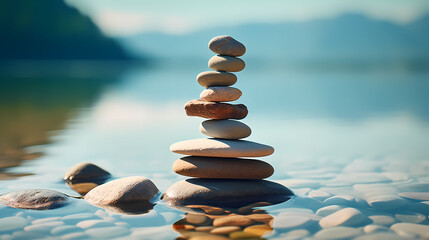 Yoga, meditation, pyramid is made of flat stones stacked on top of each other - obrazy, fototapety, plakaty