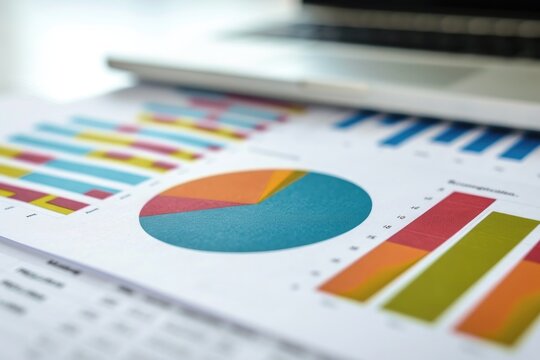 A detailed close-up view of a paper displaying a pie chart, Detailed view of a financial report with pie chart and bar graphs, AI Generated