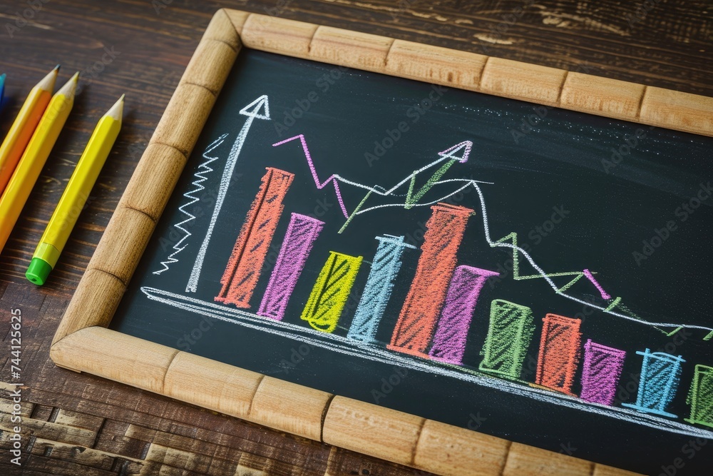Poster a chalkboard displaying a detailed graph, illustrating data points and trends, diagram of a successf