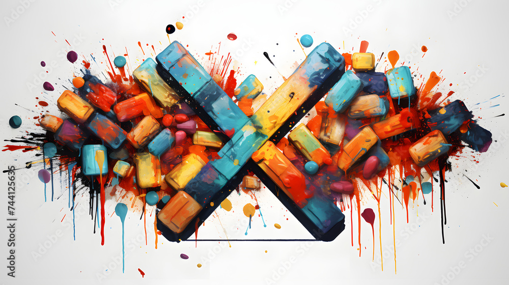 Poster an abstract image of a letter x broken up into little pills