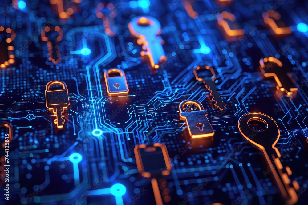 Poster circuit board with keys: technology and security integration, digital locks and keys signifying acce