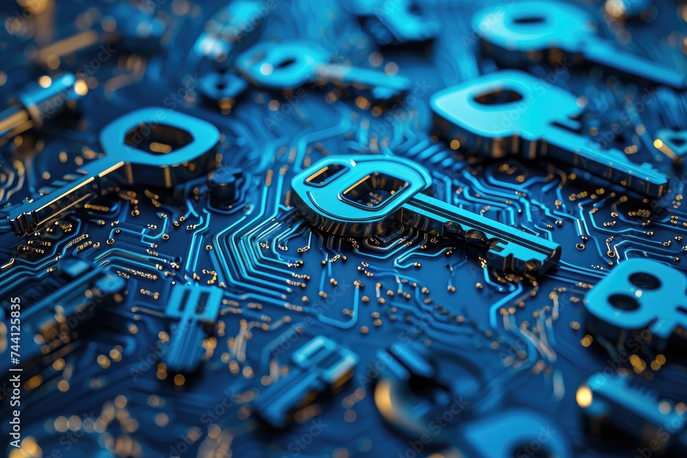 Poster cluster of keys resting on a circuit, digital locks and keys signifying access control in cybersecur