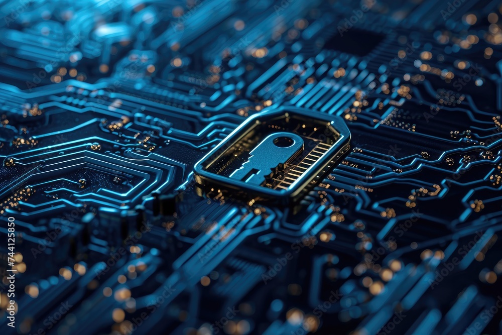 Poster a photo showing a computer chip with a lock securely placed on top of it, digital locks and keys sig