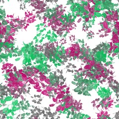 Medium grey, sea green, green teal and dark carnation pink tree branches with leaves on the white background. Seamless pattern.
