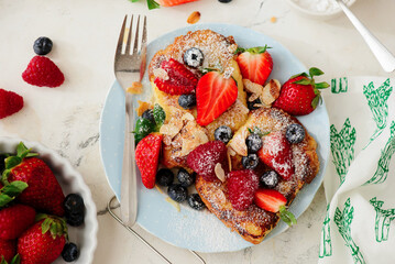 French toast with fresh summer berries.top veiw