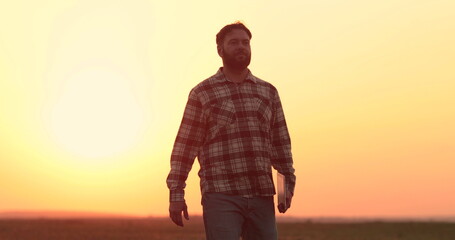 A farmer walks and looks at the field from which the crop has just been harvested, holding a tablet in his hand. A young farmer in the field at the back