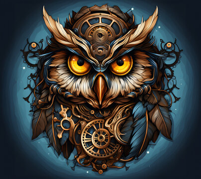 Image of head of fantasy owl with gears in steampunk style. Isolated on white background. Bird design element. 
