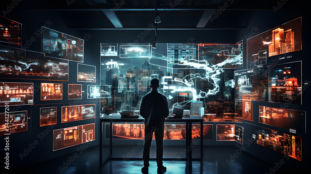 Poster people analyzing various graphical visualizations on different screens in a conference room