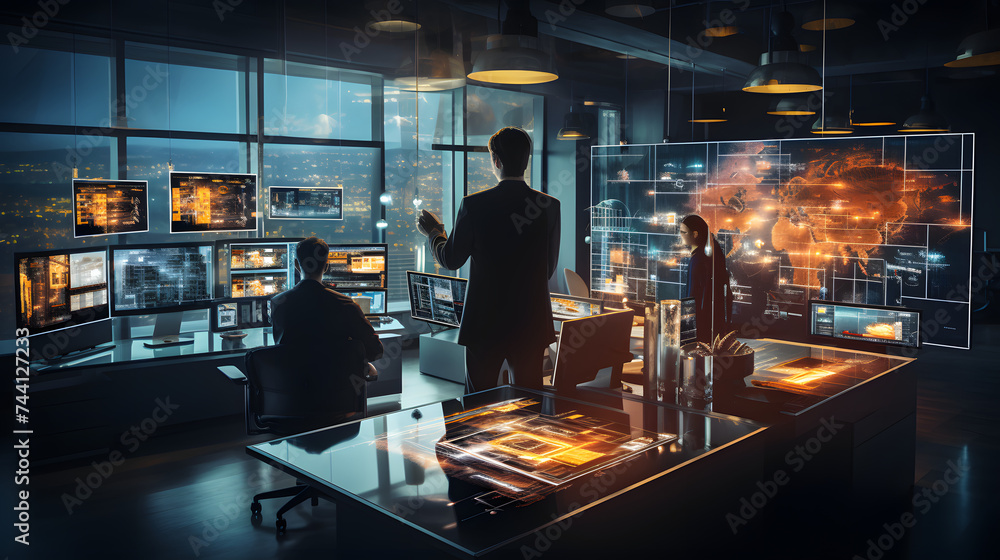Poster people analyzing various graphical visualizations on different screens in a conference room