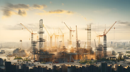  Amidst the urban landscape, a skyline dominated by cranes and scaffolding, symbolizing the ongoing projects of houses in the background.