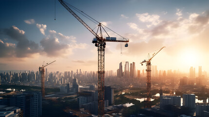Amidst the urban landscape, a skyline dominated by cranes and scaffolding, symbolizing the ongoing projects of houses in the background.