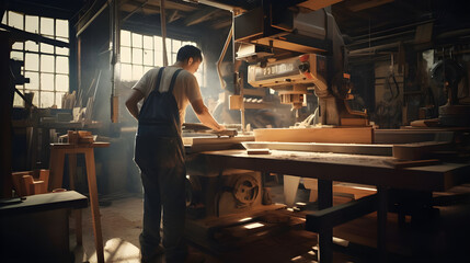 In a bustling woodshop, a milling machine diligently shapes a wooden plank, while a shadowy figure attempts to abscond with the processed wood.