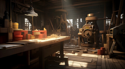 Amidst the workshop's machinery, a milling machine meticulously shapes a wooden plank, while a thief lurks in the shadows