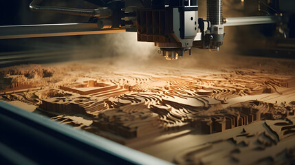 A milling machine expertly carves intricate patterns into a wooden plank, as a figure sneaks in to pilfer the processed wood.