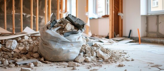 A bag filled with construction site debris perches on a towering mound of rubble, serving as a temporary storage solution during a home renovation.