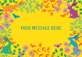 Seamless vector floral frame with rabbits and butterflies