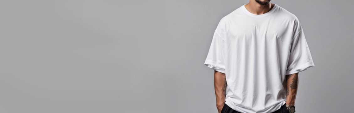 Modelo con camiseta blanca para hombre sobre fondo gris, maqueta para tu propio dise&ntilde;o, banner de moda