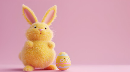 Fototapeta na wymiar A cute fluffy yellow easter rabbit with an easter egg on a pink background with copy space