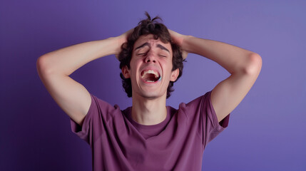Stressed young man with hands on head against a purple background, expressing frustration or headache.