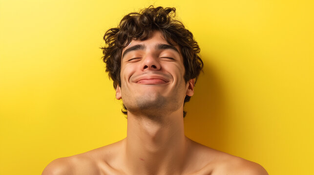 Portrait of a joyful young man with curly hair smiling with closed eyes against a yellow background.