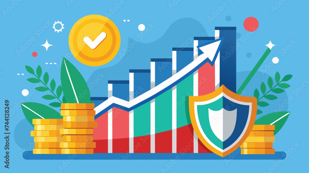 Poster rising financial graph with protective shield and coin stack