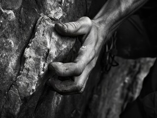 Black and white image of a rock climber holding a rock. A close-up of a climber's hands tightly gripping a rocky surface, showcasing the raw strength and focus required in the sport.