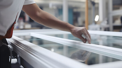  A worker installs a plastic window indoors.