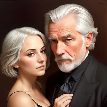 Generative AI. A couple of a young woman and an elderly man. Age difference concept.