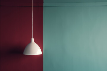 White lamp hanging from the ceiling, with red and blue background with copy space