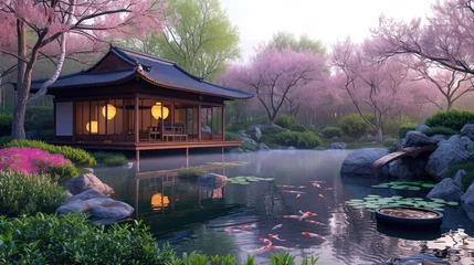 Foto op Plexiglas The warm sunset glow reflects on the tranquil waters of a koi pond by a traditional Japanese pavilion, surrounded by the soft pink hues of cherry blossoms. Resplendent. © Summit Art Creations