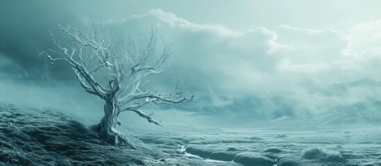 A white dead tree stands alone in a serene landscape, creating a hauntingly beautiful scene.