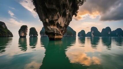 tropical island at sunset A beautiful nature of Thailand  James Bond style island reflecting in water  