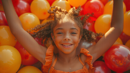 Fototapeta na wymiar Smiling girl with balloons raised in joyful celebration.