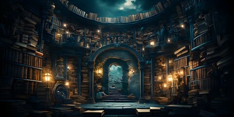 Hidden library hideaway Doors open to adventurous worlds within every book. Concept Fantasy, Adventures, Library, Hidden, Stories - obrazy, fototapety, plakaty