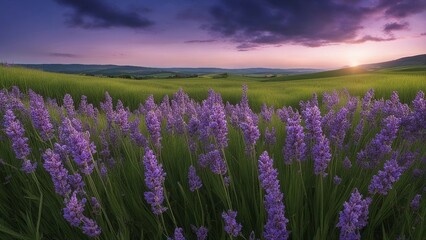 lavender field in region a panoramic banner with purple lavender flowers and green grass on a blurred blue sky background  