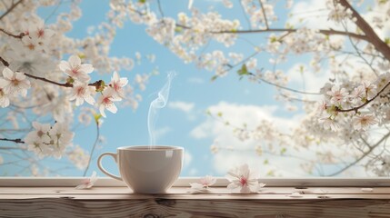Obraz na płótnie Canvas A delicate cup of freshly brewed coffee sits on a wooden windowsill, framed by a view of cherry blossoms against a soft blue spring sky. The gentle steam from the coffee mingles with the light floral 