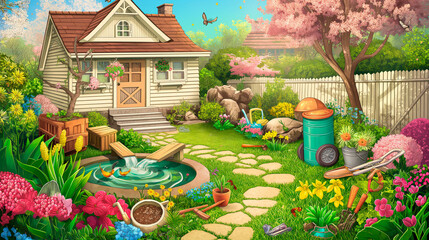 Idyllic Spring Garden: A Cozy Cottage with Blossoming Trees and a Lush, Flower-Filled Landscape Complete with a Small Fountain and Gardening Tools