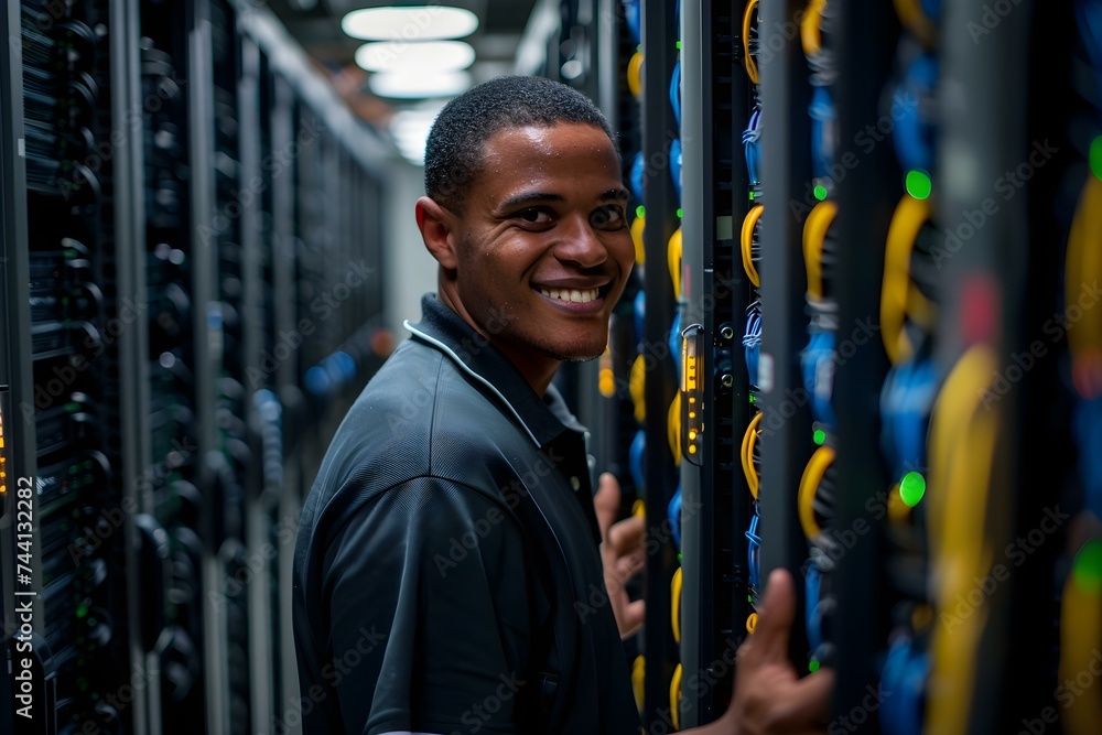 Poster happy worker in technology center surrounded by data servers smiling. concept technology, data serve