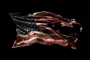 Torn US flag falling to pieces on black background. Tattered American symbol breaking into parts. AI Generated 