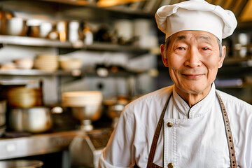 A seasoned Asian chef with a welcoming smile in a professional kitchen setting.