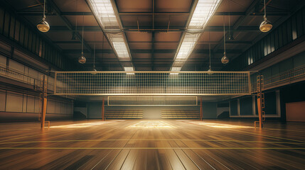 Professional Indoor Volleyball Court with Illuminated Net and Wooden Flooring Ready for Competitive Match - Athletic Facility Design