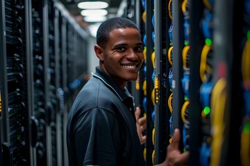 Happy worker in technology center surrounded by data servers smiling. Concept Technology, Data Servers, Worker, Smiling, Technology Center