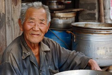 Elderly Asian male chef smiling, with cooking utensils in the background