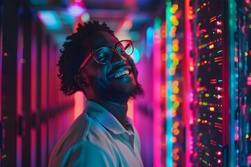 Joyful Technology Center Employee Surrounded by Data Servers, Smiling. Concept Data Center Photoshoot, Technology Environment, Employee Portraits, Smiling Faces