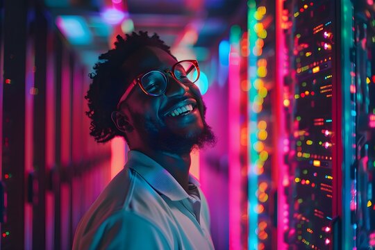 Joyful Technology Center Employee Surrounded by Data Servers, Smiling. Concept Data Center Photoshoot, Technology Environment, Employee Portraits, Smiling Faces