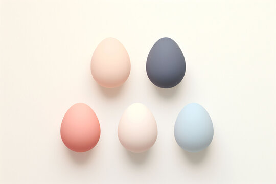 Five colorful Easter eggs ranging from dark teal to ivory and mustard are aligned on a soft creamy background, depicting a minimalistic concept. Image for cooking or Easter.