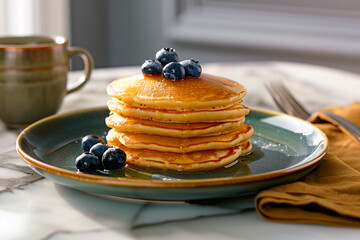 Stack of golden-brown pancakes topped with blueberries on a ceramic plate